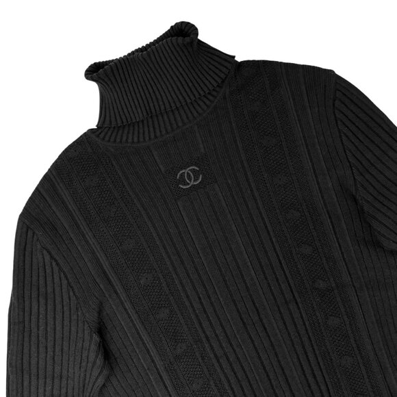 CHANEL Vintage 05A CC Logo Turtleneck Sweater Top #42 Black Mesh Long [105467] - Picture 5 of 14